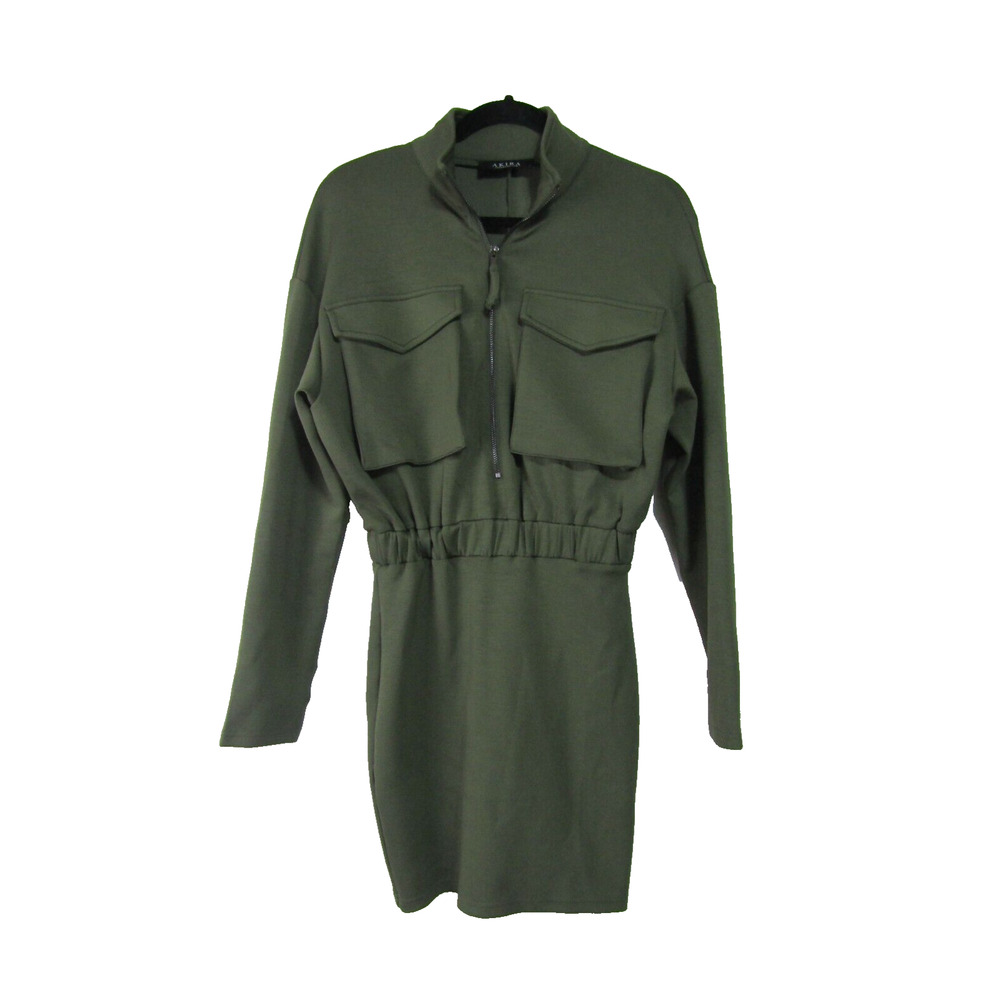 AKIRA Olive Green‎ Knit Zip Mini Dress Womens size S Minimalist Office Casual